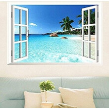 Large Removable Beach Sea 3D Window Decal Wall Sticker Home Decor Exotic Beach View Art Wallpaper Mural