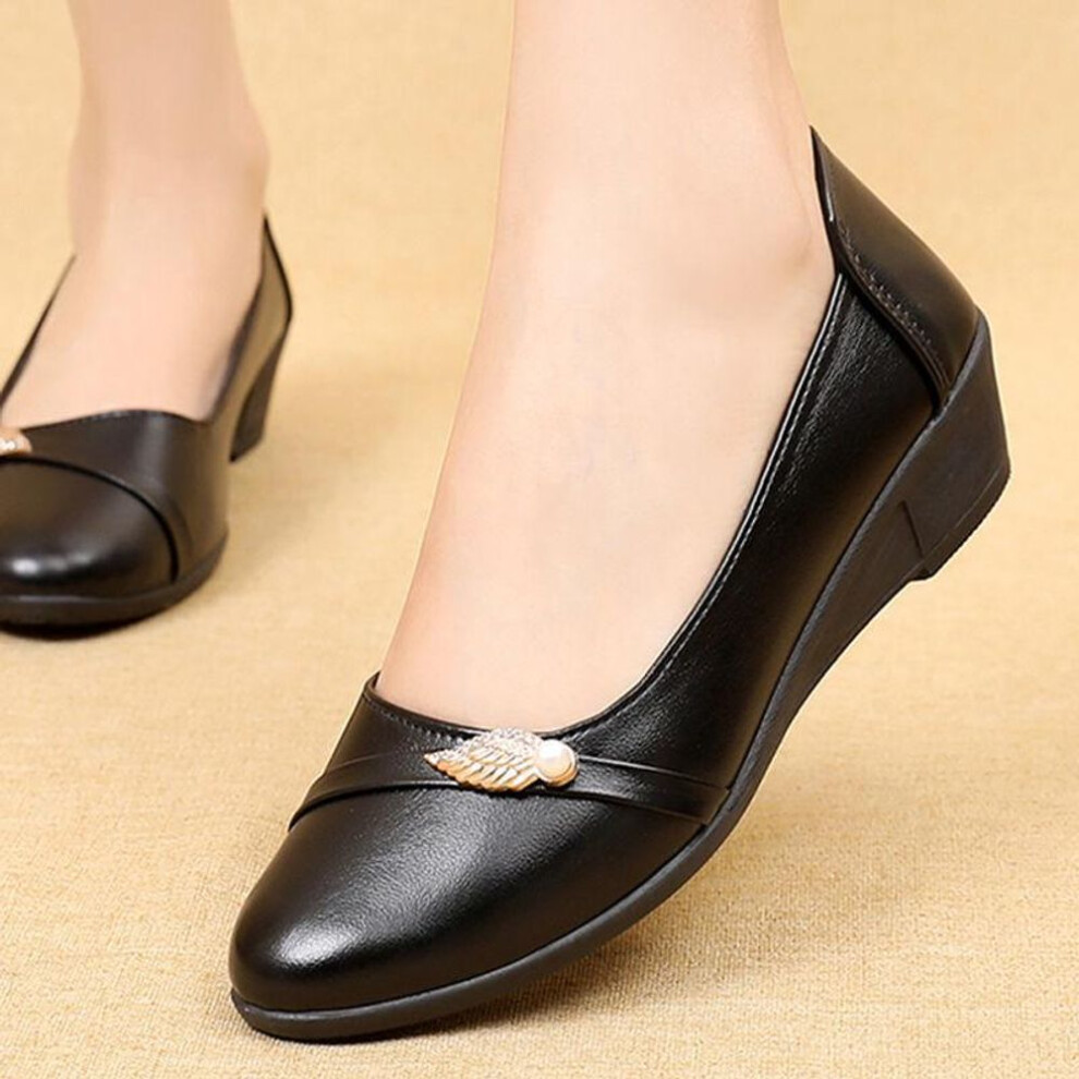 (black, 35) Golden Wings Spring and Summer Single Shoes Mom Shoes Middle-aged and Elderly Soft Soled Wedge Heels Non-slip Comfortable Leather Shoes Work Shoes