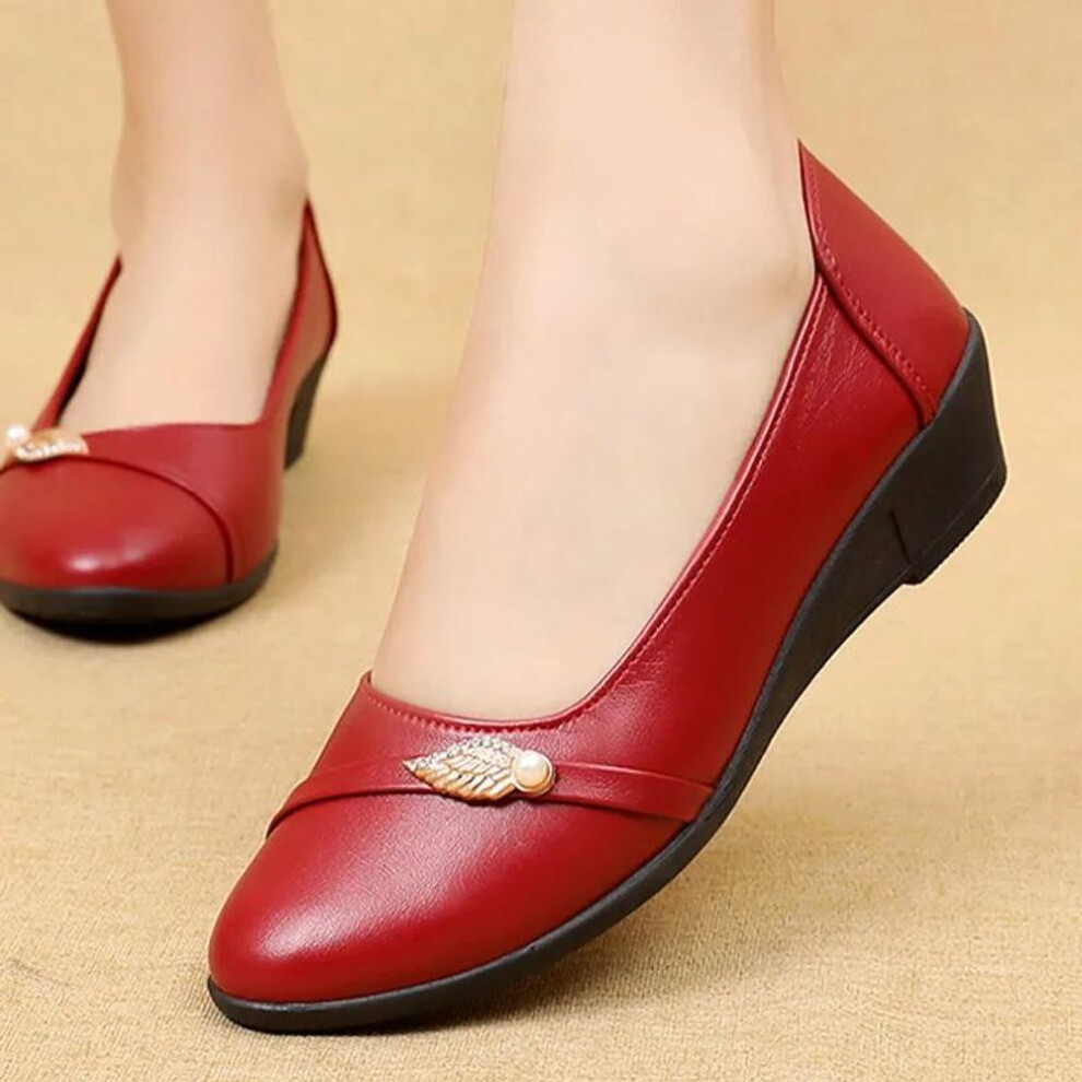 (red, 37) Golden Wings Spring and Summer Single Shoes Mom Shoes Middle-aged and Elderly Soft Soled Wedge Heels Non-slip Comfortable Leather Shoes Work Shoes