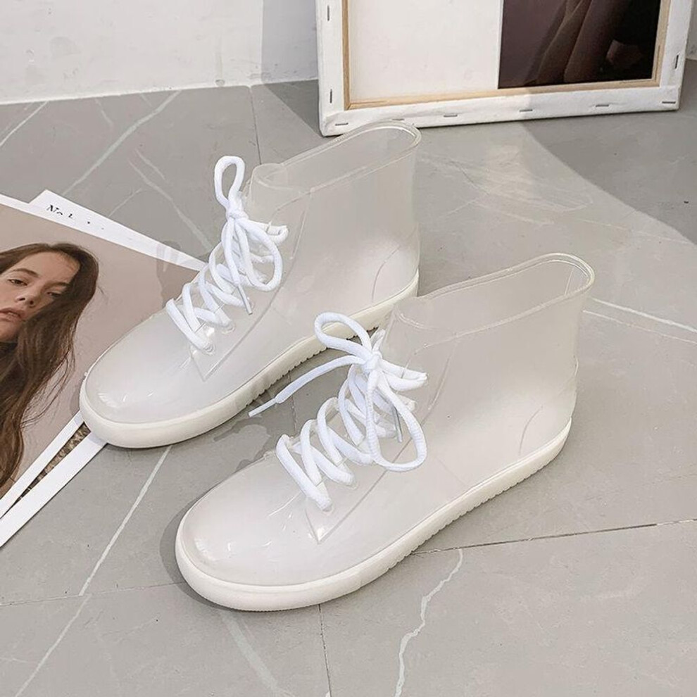 (white, 38) Transparent Rain Boots Female Fashion Korean Adult Rain Boots Student Jelly Shoes Waterproof Shoes Cute Water Boots Non-slip Rubber Shoe Covers