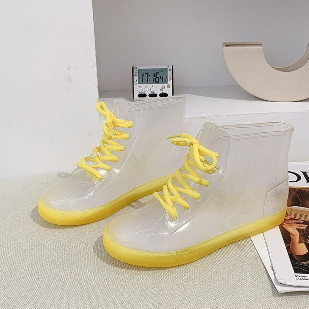 (yellow, 35) Transparent Rain Boots Female Fashion Korean Adult Rain Boots Student Jelly Shoes Waterproof Shoes Cute Water Boots Non-slip Rubber Shoe Covers