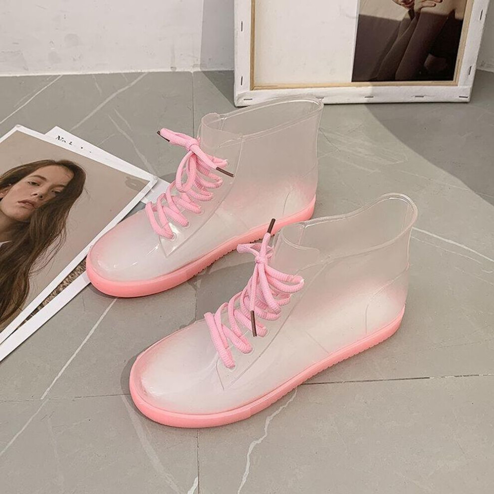 (pink, 37) Transparent Rain Boots Female Fashion Korean Adult Rain Boots Student Jelly Shoes Waterproof Shoes Cute Water Boots Non-slip Rubber Shoe Covers