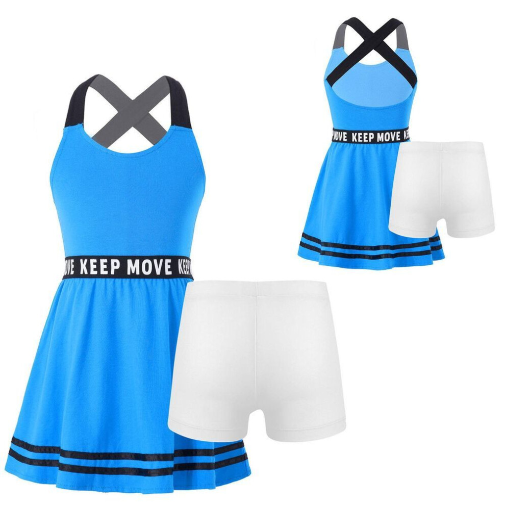 (blue, 5-6 Years) Kids Girls Tennis Dress Set 2 Pieces Golf Dress With Shorts Set Sports Dress Tracksuit