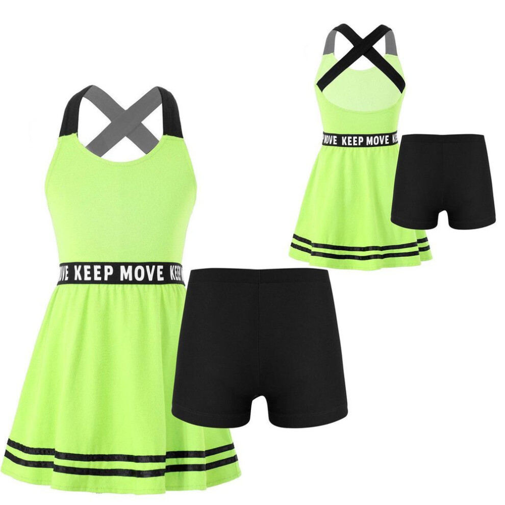 (fluorescent green, 5-6 Years) Kids Girls Tennis Dress Set 2 Pieces Golf Dress with Shorts Set Sports Dress Tracksuit