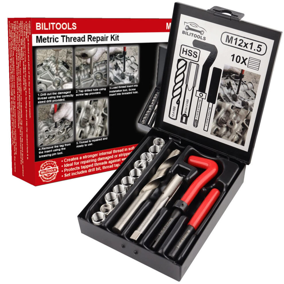 Bilitools M12x1.5 Thread Repair Kit, Hss Drill Helicoil Repair Kit Metric 6974676370634