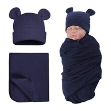 Pesaat Baby Swaddle Hat Set Bear Ears Boys Girls Beanie nyf?dt baby, der modtager t?ppe efter?r vinter (marinebl? (hat+swaddle) 0-6 m?neder)