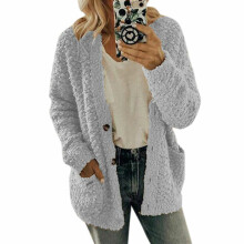 (Light Gray, S) Size Plus Women Bear Coat Fleece Jacket Cardigan Outwear Sweater Overcoat