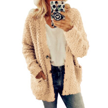 (Khaki, 2XL) Size Plus Women Bear Coat Fleece Jacket Cardigan Outwear Sweater Overcoat