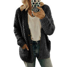 (Black, M) Size Plus Women Bear Coat Fleece Jacket Cardigan Outwear Sweater Overcoat