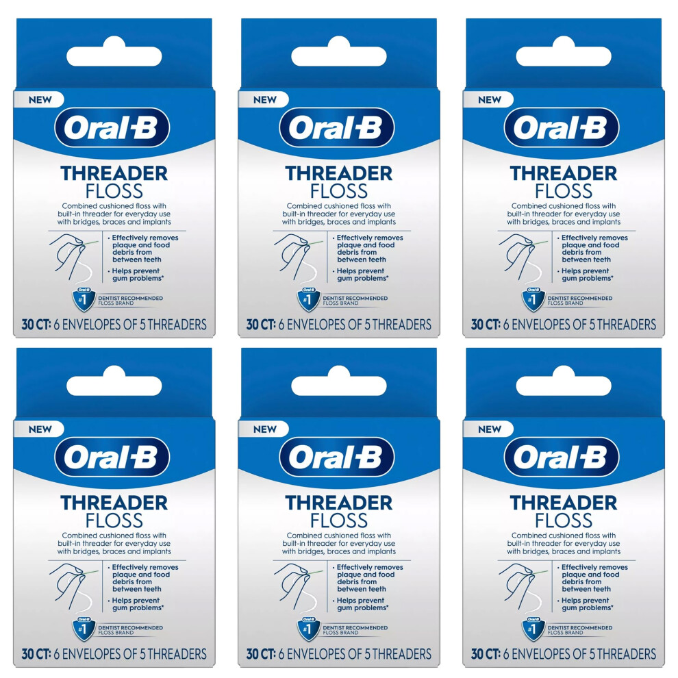 Glide Threader Floss, 30-Count Boxes of Single-Use Packets (Pack of 6)