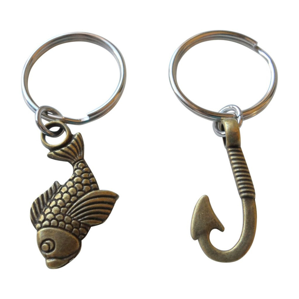 Porte-cl?s en bronze avec poisson et hame?on ? Je suis accro ? toi?; porte-cl?s pour couple