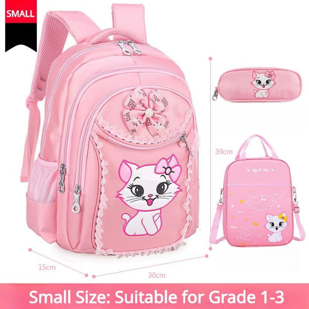 (pink, Small size) Grade 1 3 4 6 Children Backpack Cute Cat Cartoon Princess Lace Schoolbags Elementary School Girl 3 Pcs Set Rucksack For 7 To12 Years Old