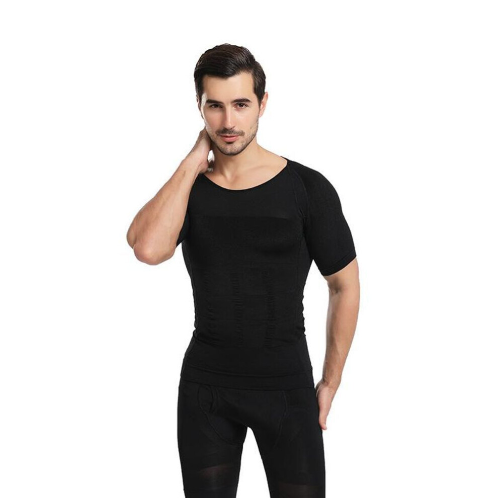 (black, XXL) Men&apos;s Tight-Fitting Top Vest Body Shaper Compression T-Shirt Slimming Belly Control