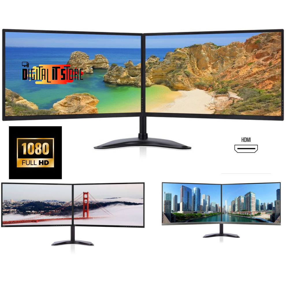 Refurbished Digital It Store Dual Monitor Screen Dell Hp 2X22" Full Hd Monitors New Dual Stand Hdmi