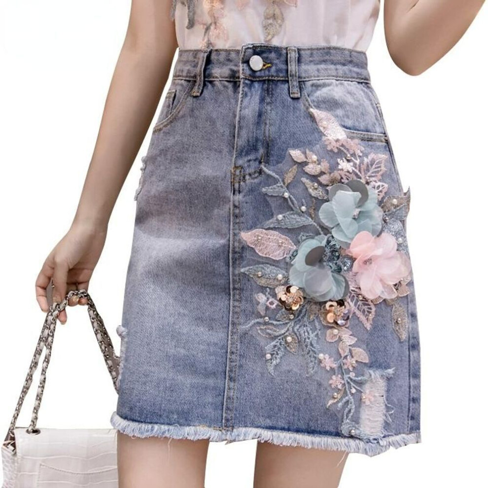 (blue, 3XL) Women Beading Flower Tassel Irregular High Waisted Denim Skirt Embroidery Slim Jeans Skirts