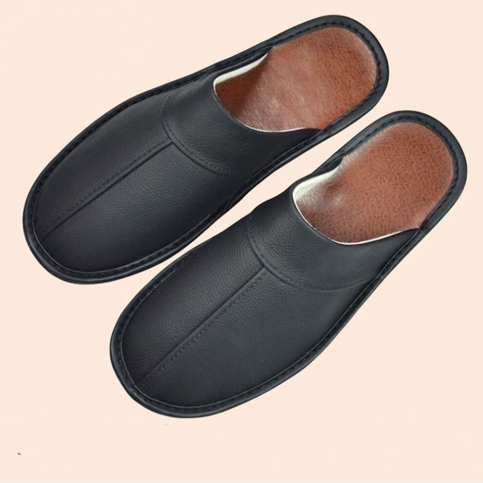 (ash black, 39) Luxury Cow Split Leather Handmade Men Home Slippers Spring Slip On Soft Comfortable Black Brown Bedroom Indoor Flat Men Shoes