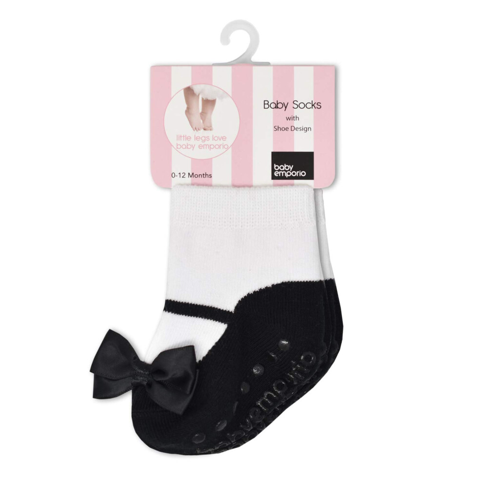 Baby & Toddler Girl Mary Jane Socks with Shoe-Look-Anti-slip Soles-Cotton -1 Pair (FESTIVE-BLACK, 0-12 Months)
