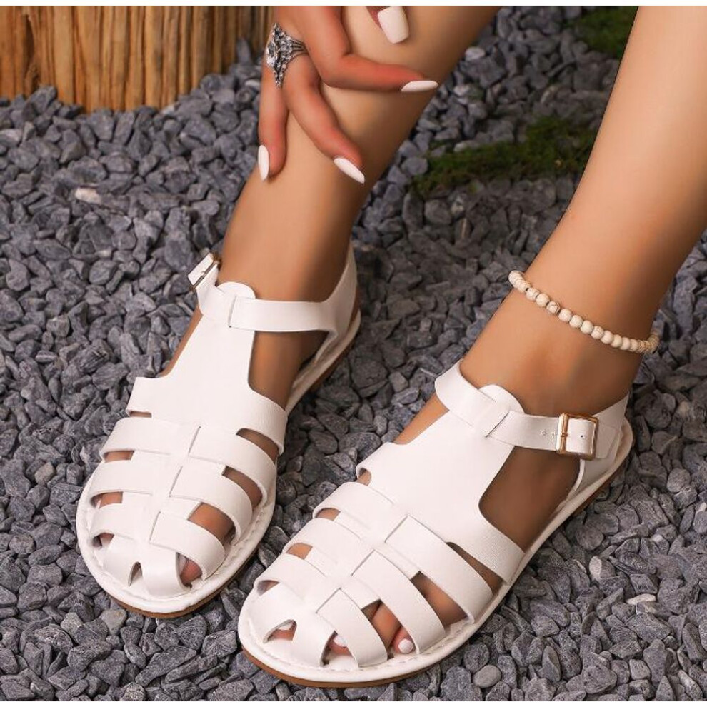 (white, 38) Summer New Slope Velcro Roman Sandals Women&apos;s Large Sandals Women&apos;s