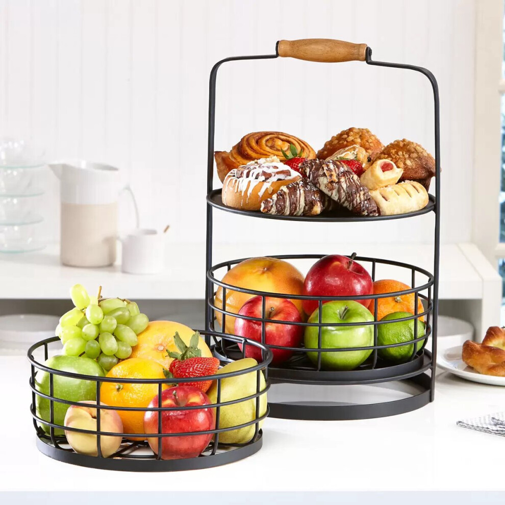 Two Tier Metal Kitchen Storage Basket Fruit, Food, Utensils All in One