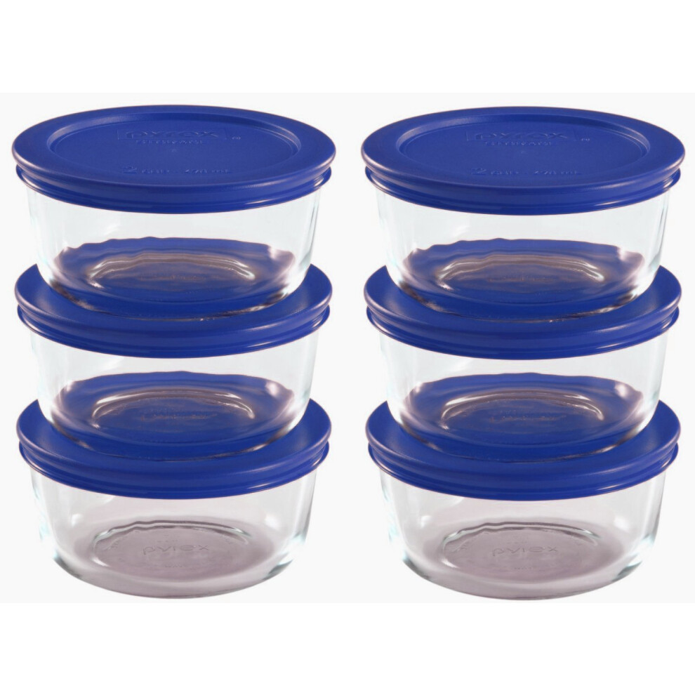 Pyrex Storage 2 Cup Round Dish, Clear with Blue Lid, 12-Piece