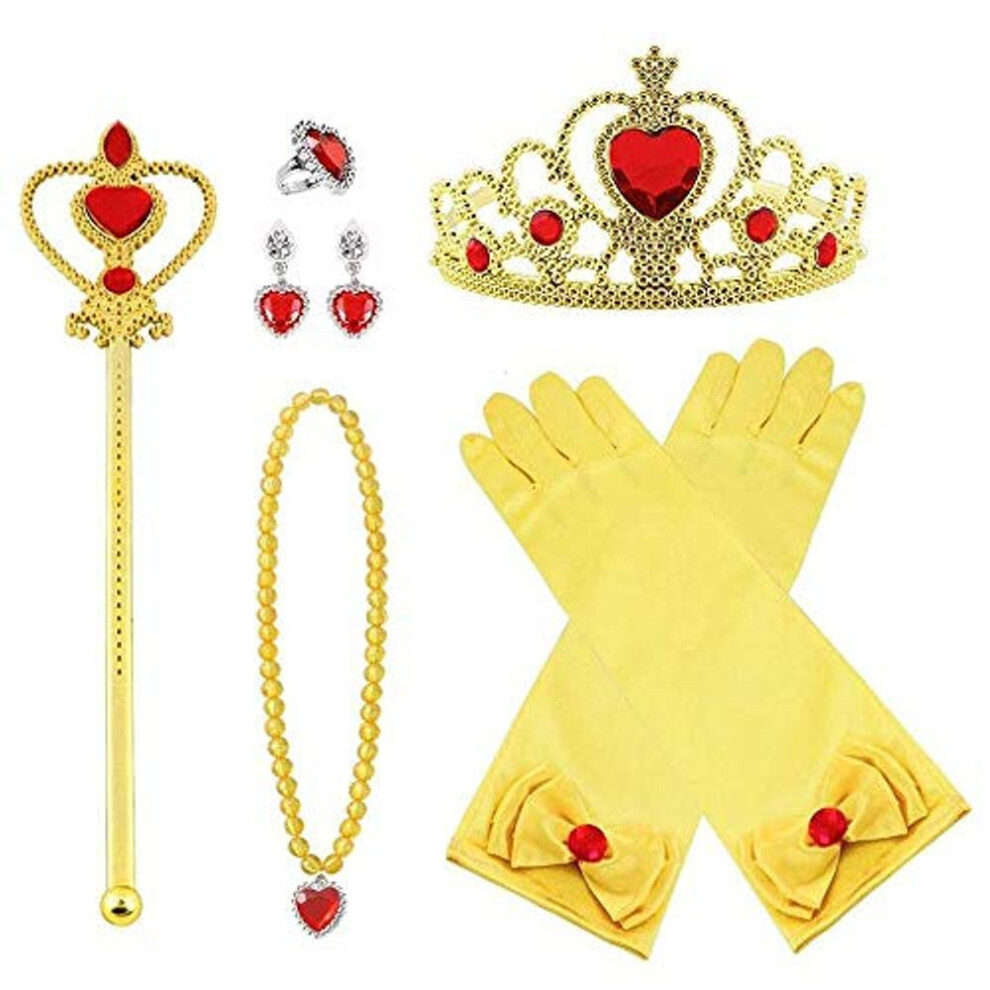 (yellow) 9pcs/set Princess Dress Up Accessories Gloves Tiara Crown Wand Necklaces Bracelet Rings Earrings Presents For Girls, Party Supplies