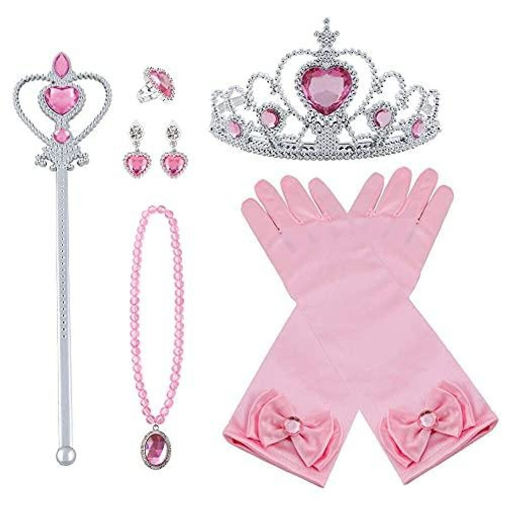 (pink) 9pcs/set Princess Dress Up Accessories Gloves Tiara Crown Wand Necklaces Bracelet Rings Earrings Presents For Girls, Party Supplies