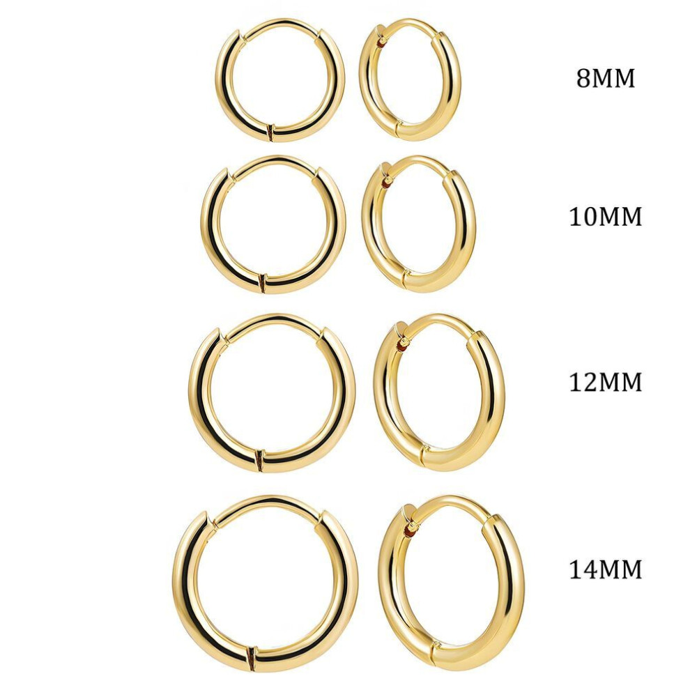 (gold) 4pair  8/10/12/14mm Stainless Steel Round Circle Hoop Earrings For Women Gold Color Tiny Helix Hoops Ear Piercing Loop Ring