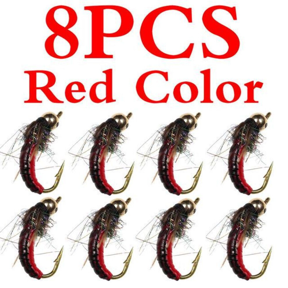 (red) 8pcs #12 Brass Bead Head Fast Sinking Nymph Scud Fly Bug Worm For Trout Fishing Nymphing Artificial Insect Bait Lure