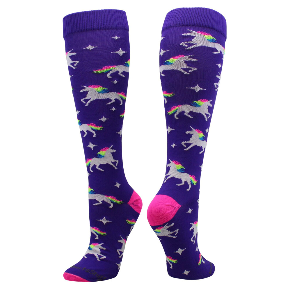 Chaussettes montantes au mollet MadSportsStuff Neon Rainbow Unicorn (violet/rose fluo, taille M)