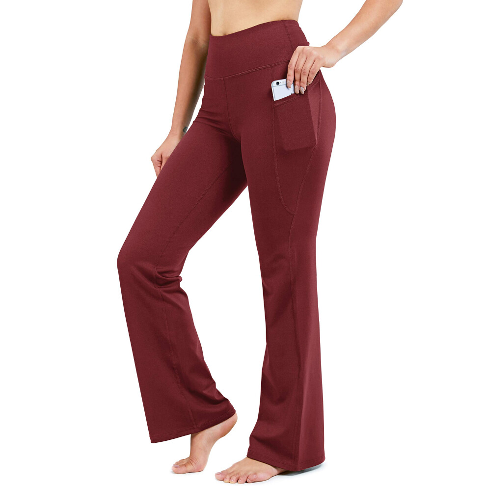 28303234 Pantalon de yoga bootcut pour femme avec coutures int?rieures Pantalon ?vas? taille haute avec poches Rouge fonc?-?vas?-34-XL