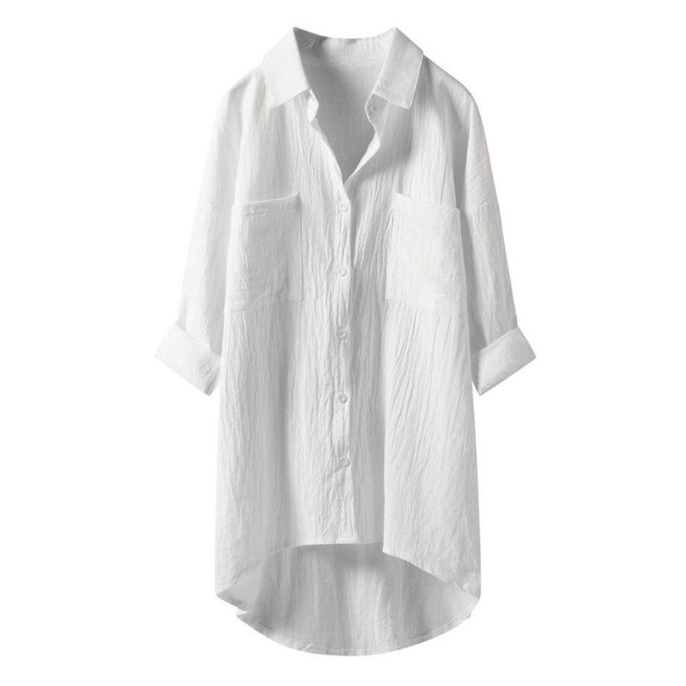 (white, 4XL) Spring Long Sleeve Plus Size Blouses Women&apos;s Cotton Blouse Shirt Ladies Lapel Loose Plus Size Top Vintage