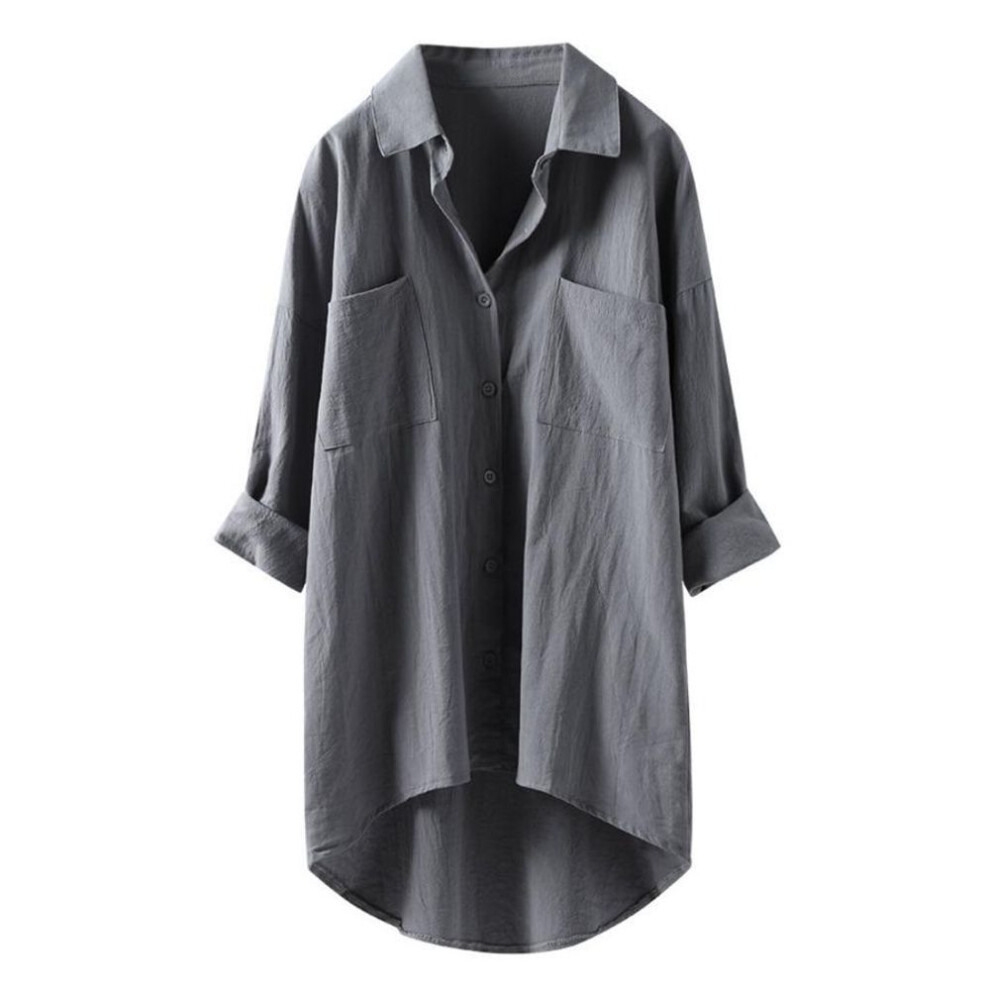 (grey, 2XL) Spring Long Sleeve Plus Size Blouses Women&apos;s Cotton Blouse Shirt Ladies Lapel Loose Plus Size Top Vintage