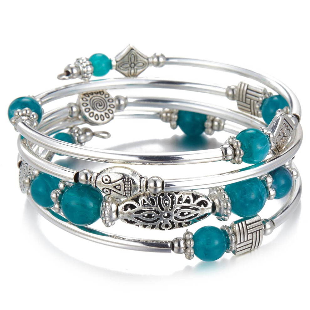 Bulinlin Layered Wrap Bangle Turquoise Bracelet - Bead Bracelet With Natural Agate Stone, Gifts For Women (03-Sea ) Green