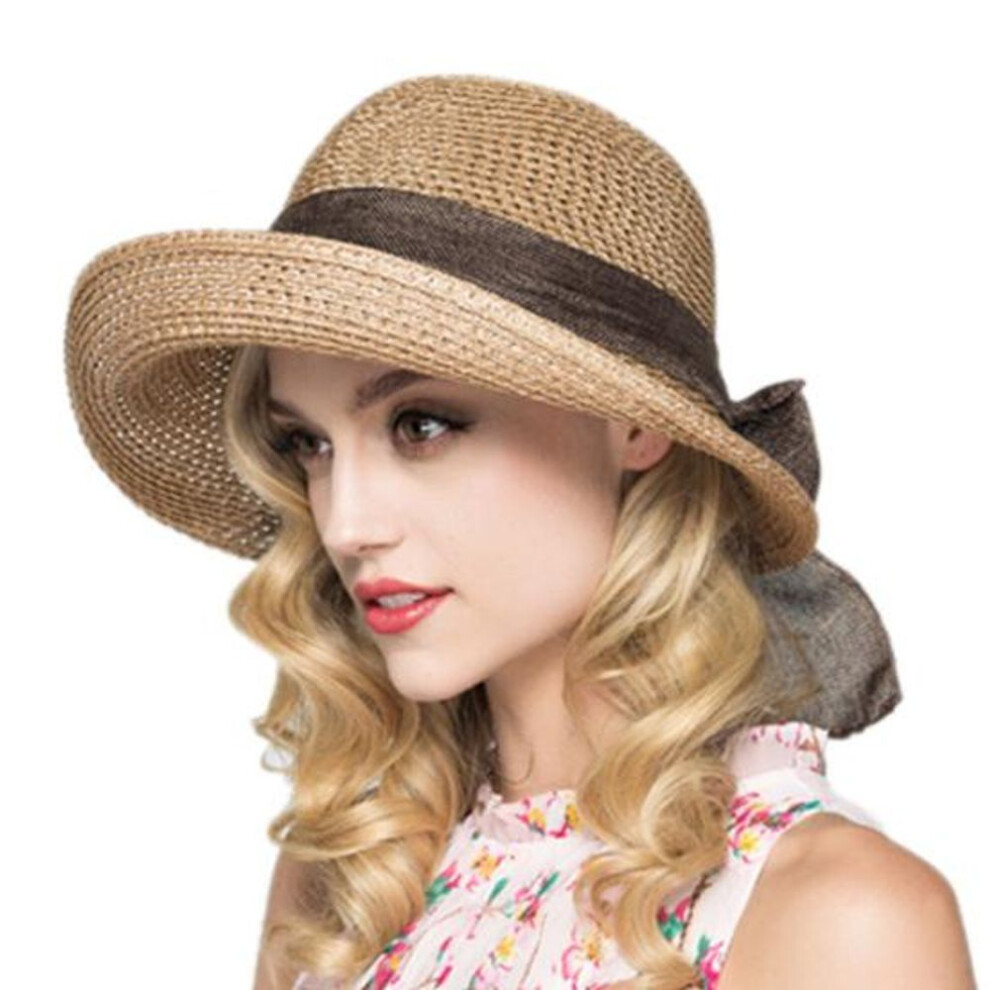 (khaki, One Size) Straw Hat Wide Brim Anti Sun    Headwear Stylish Protective Sunshade Women Straw Hat For Beach