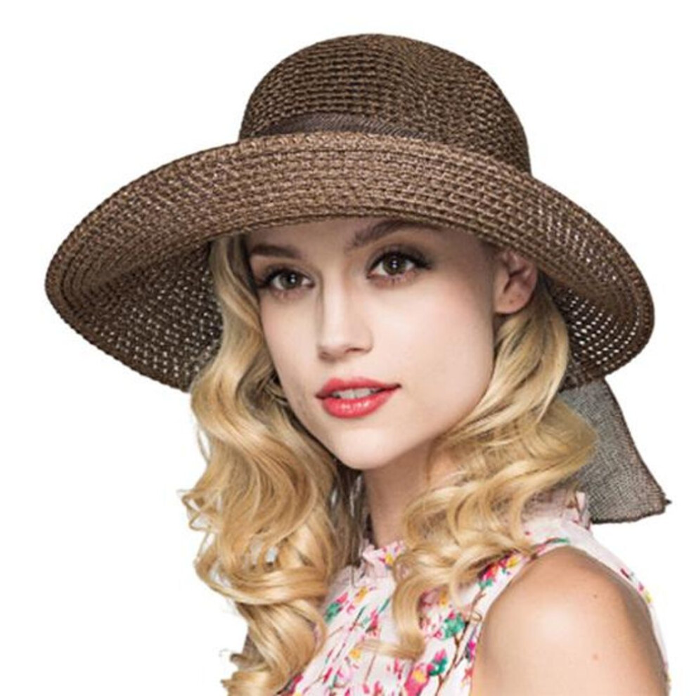 (dark coffee, One Size) Straw Hat Wide Brim Anti Sun    Headwear Stylish Protective Sunshade Women Straw Hat For Beach