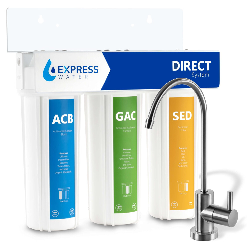 Express Water Direct Water Filtration System  3 Stage Direct Water Filter System with Chrome Faucet  Under Sink Water Filter