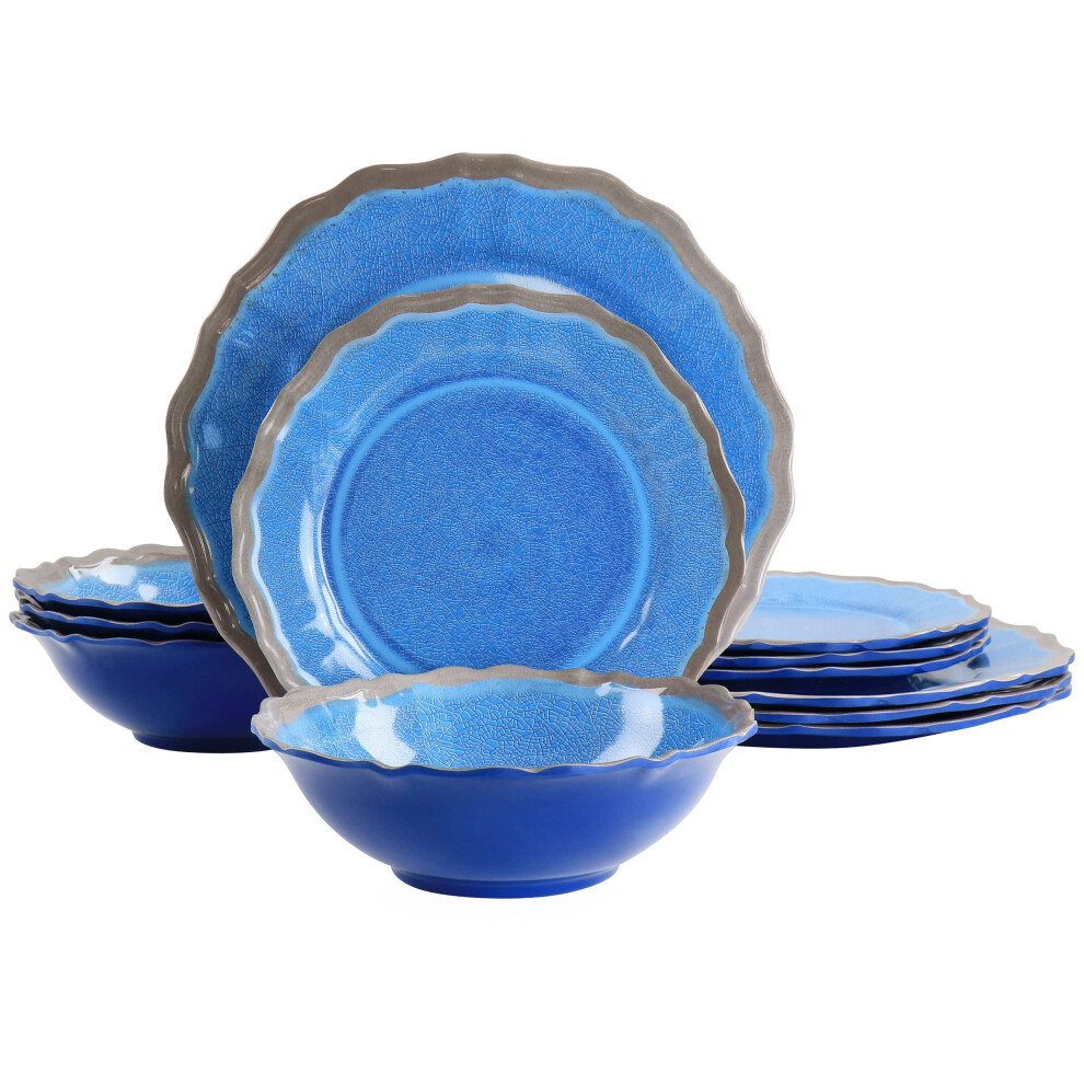 Elama Roma 12-Piece Melamine Dinnerware Set in Blue (EL-ROMA) - Service for Four, Lightweight, Dishwasher Safe, Indoor/Outdoor
