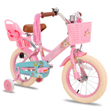 JOYSTAR 12 Zoll Mädchen Fahrrad Little Daisy mit Stützrädern, Korb, Puppe & Streamern für 2-4 Jahre, rosa Prinzessinnenrad für Kleinkinder