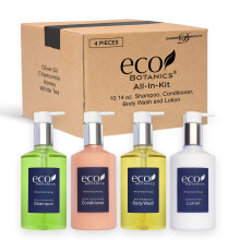 Eco Botanics Amenities Set – 4-teilig: Shampoo, Conditioner, Hand-/Körperwäsche und Lotion in 10,14 oz Pumpflaschen.