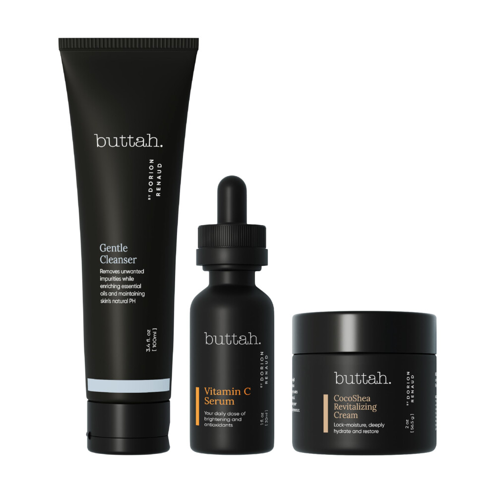 Buttah Skin Transforming Kit for Melanin Rich Skin | CocoShea Revitalizing Cream 2 oz | Vitamin C Serum 1 oz | Buttah Cleanser 3.4 oz | Blac