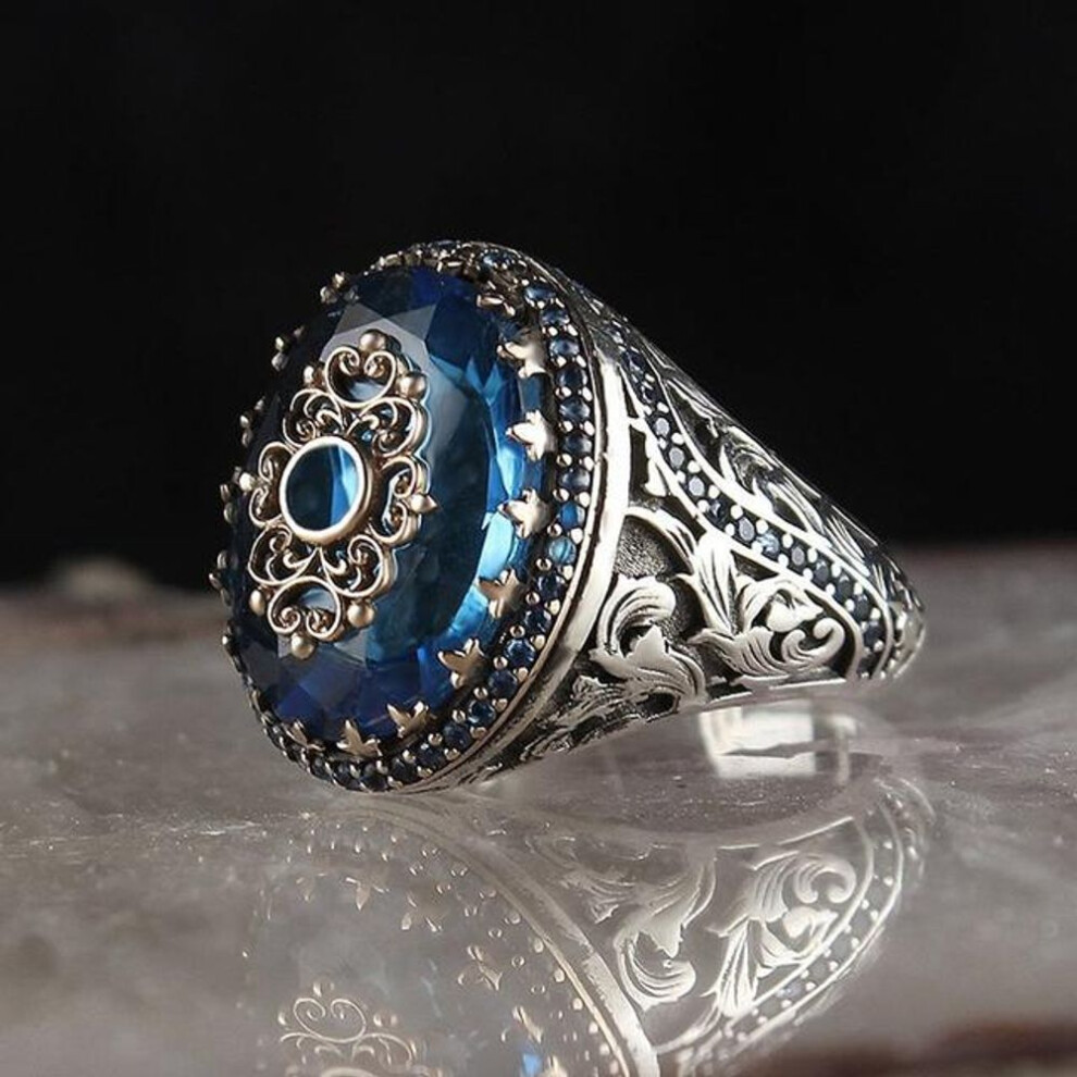 (blue, 6) Vintage Hand Engraved Pattern Turkish Signet Ring for Men Fashion Set Green Stone Seal Islamic Muslim Jewelry