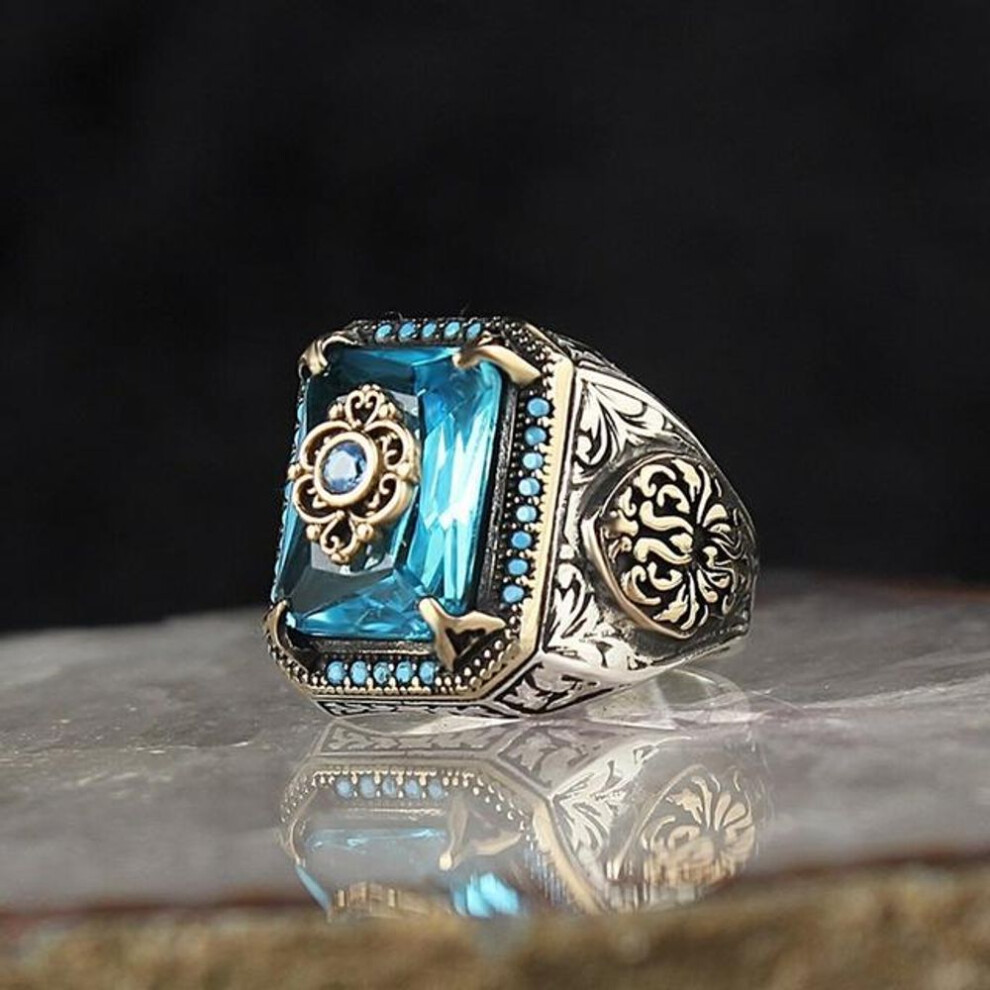 (black, 6) Vintage Hand Engraved Pattern Turkish Signet Ring for Men Fashion Set Green Stone Seal Islamic Muslim Jewelry