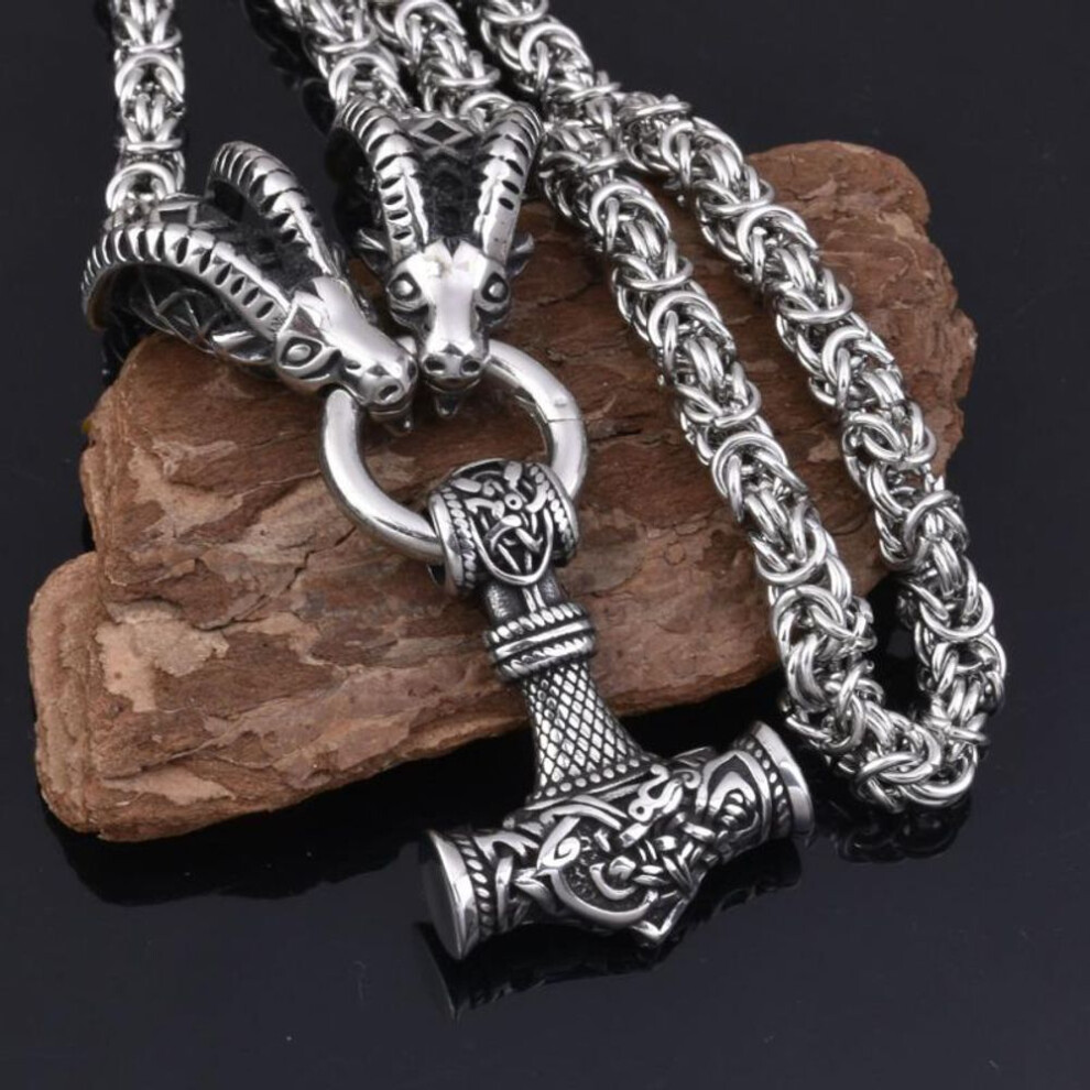 (silver) Viking Retro Sheep Head Necklace, Norse Mythology Hammer Pendant Necklace, Men&apos;s Punk Hip Hop Party Accessories, Birthday Gift For Friends