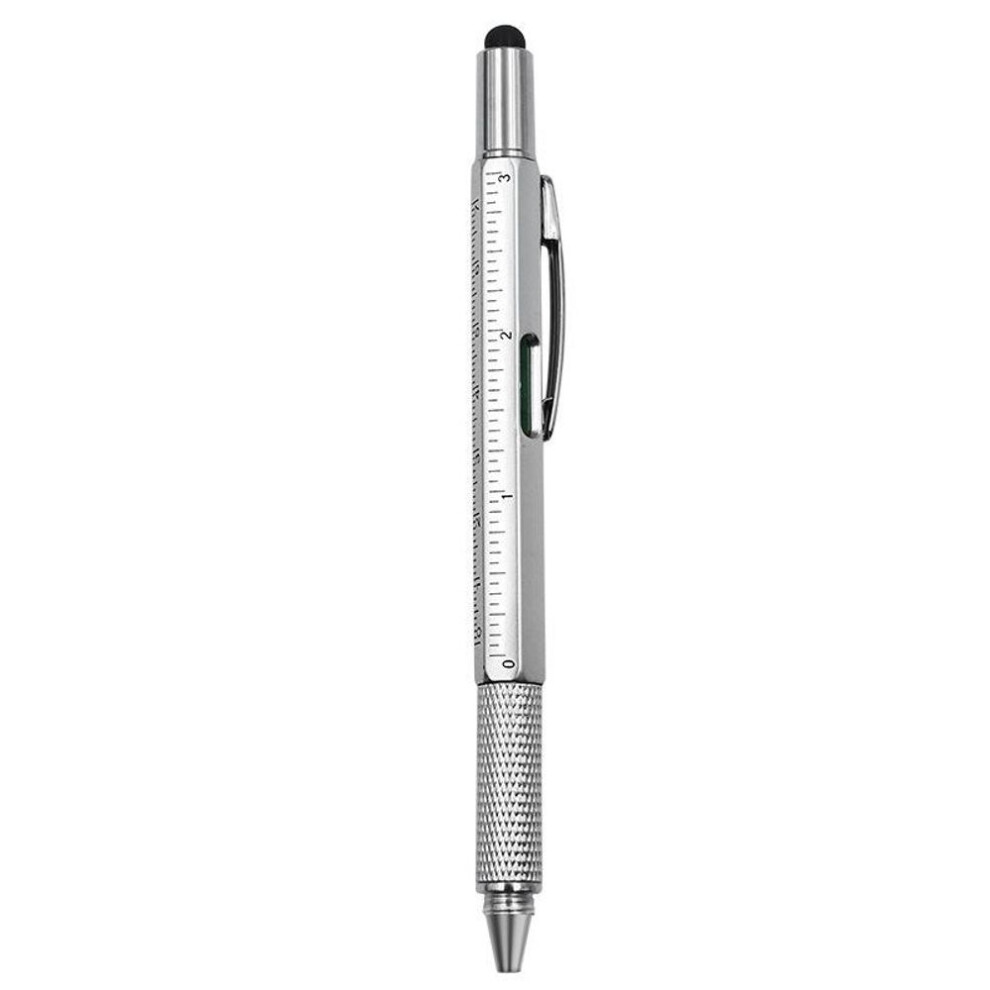 (silver) 6in1 Multifunction Tool Ballpoint Pen Screwdriver Ruler Spirit Level Creative Stationery Gift Touch Screen Stylus Design Capacitive Pen