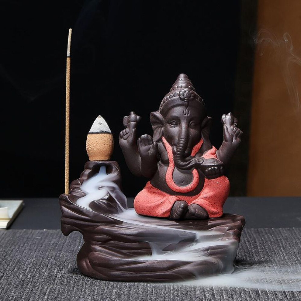 (red) Ganesha Backflow Incense Burner Elephant God Emblem Auspicious And Success Ceramic Cone Censer Home Decor Incense Stick Holder