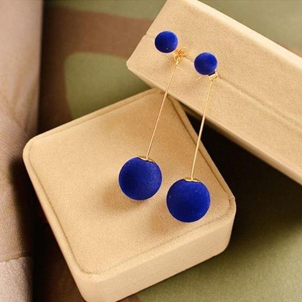(blue) Cute Double Faux Fur Ball Drop Earrings Long Pendant Pom Stud Earring Jewelry for Women