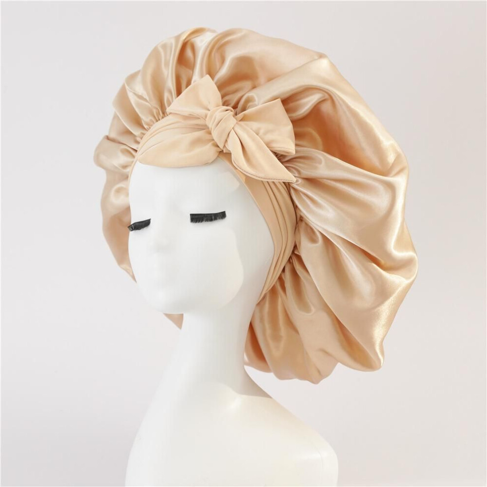 (khaki) Satin Bonnet Silk Satin Night Sleep Cap  Polyester Elastic Night Sleeping Shower Cap Hair Bonnet Hat Head Cover