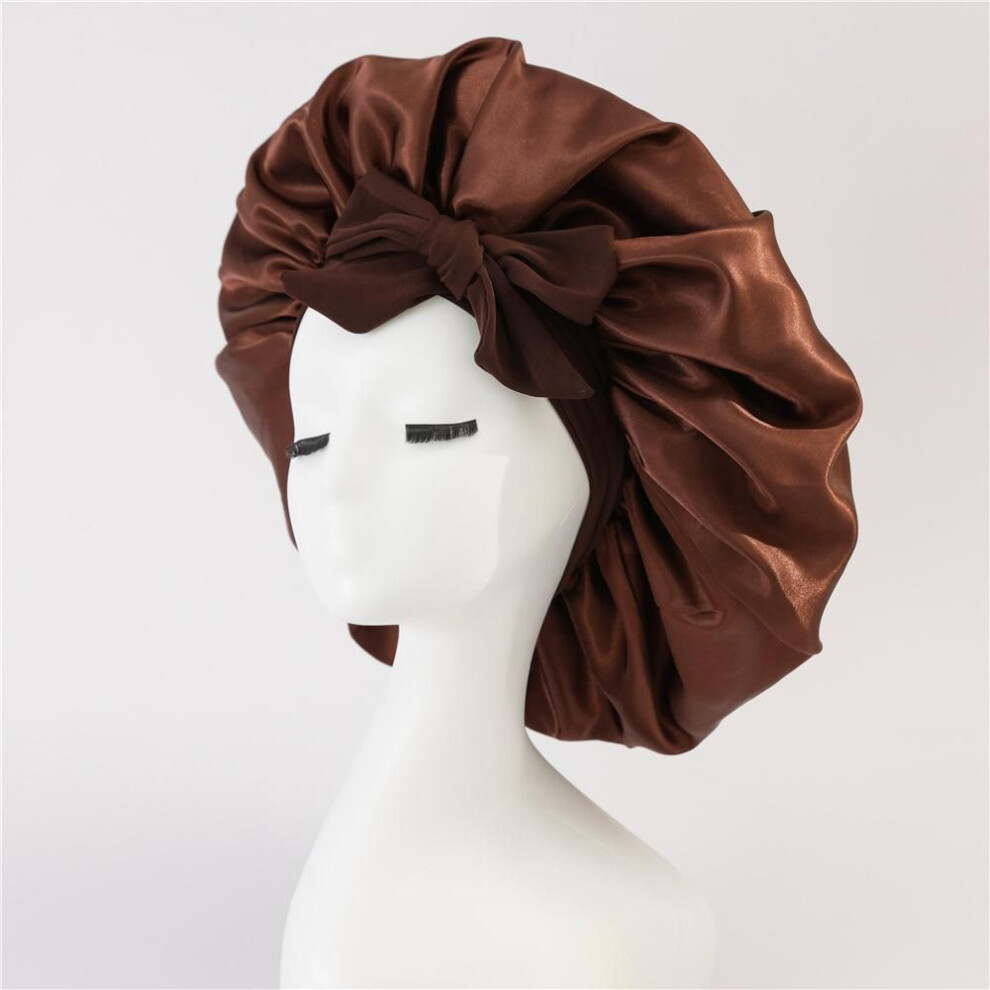 (coffee) Satin Bonnet Silk Satin Night Sleep Cap  Polyester Elastic Night Sleeping Shower Cap Hair Bonnet Hat Head Cover