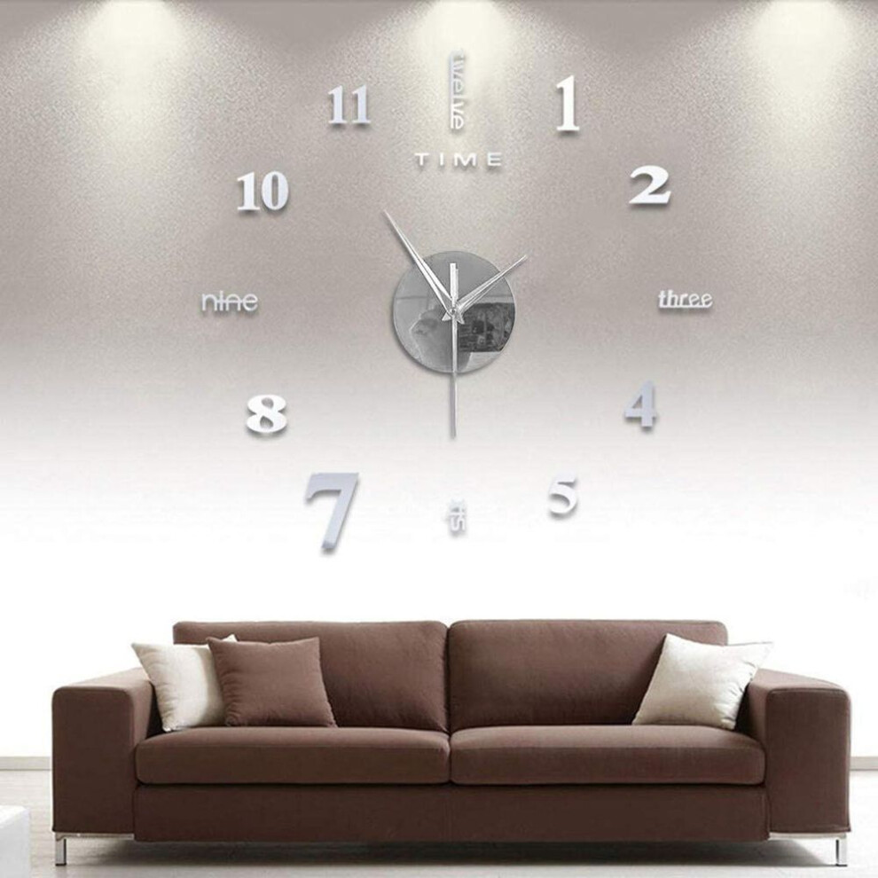 (silver) Large Frameless Diy Wall Mute Clock 3D Mirror Surface Sticker Home Office Decor