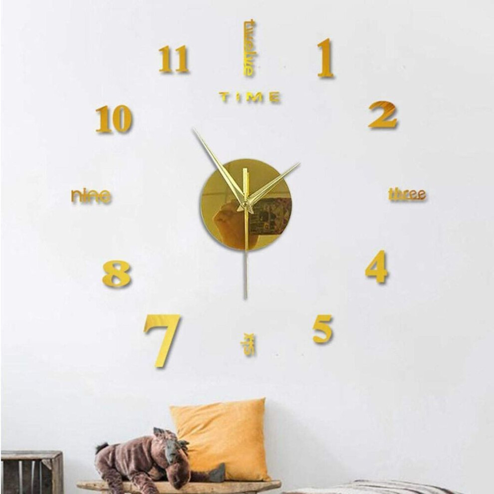 (gold) Large Frameless Diy Wall Mute Clock 3D Mirror Surface Sticker Home Office Decor